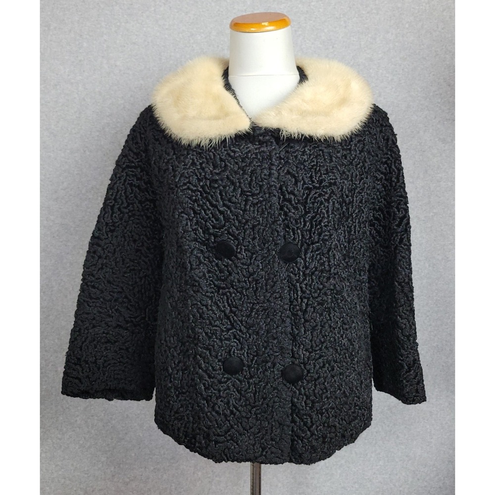 Vintage Black Persian Lamb Fur Coat Mink Fur Collar Double Breasted M